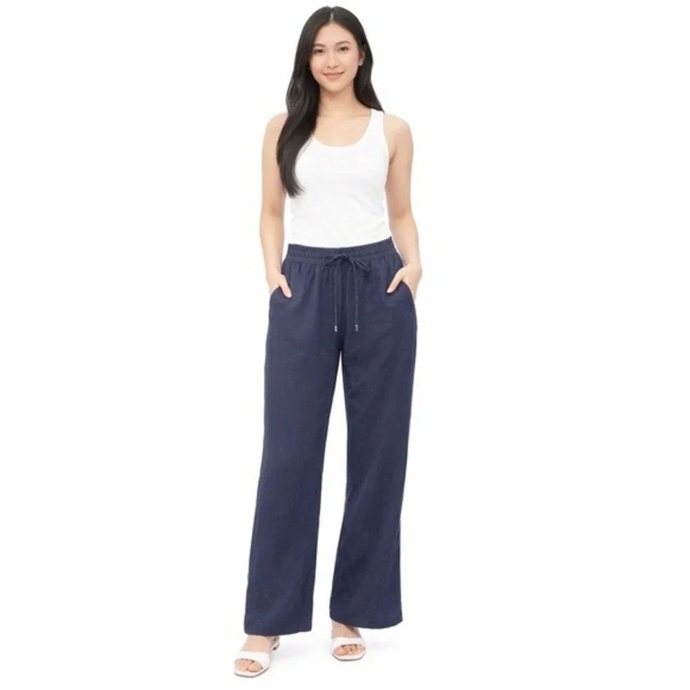 Zara Navy Blue‎ Linen Blend Drawstring Elastic Waist Straight Leg Pants Large
